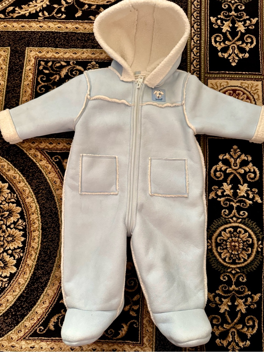 NEW! BabyWorks Light Blue Fleece Hooded One-Piece for Infants. Size 3-6 Months